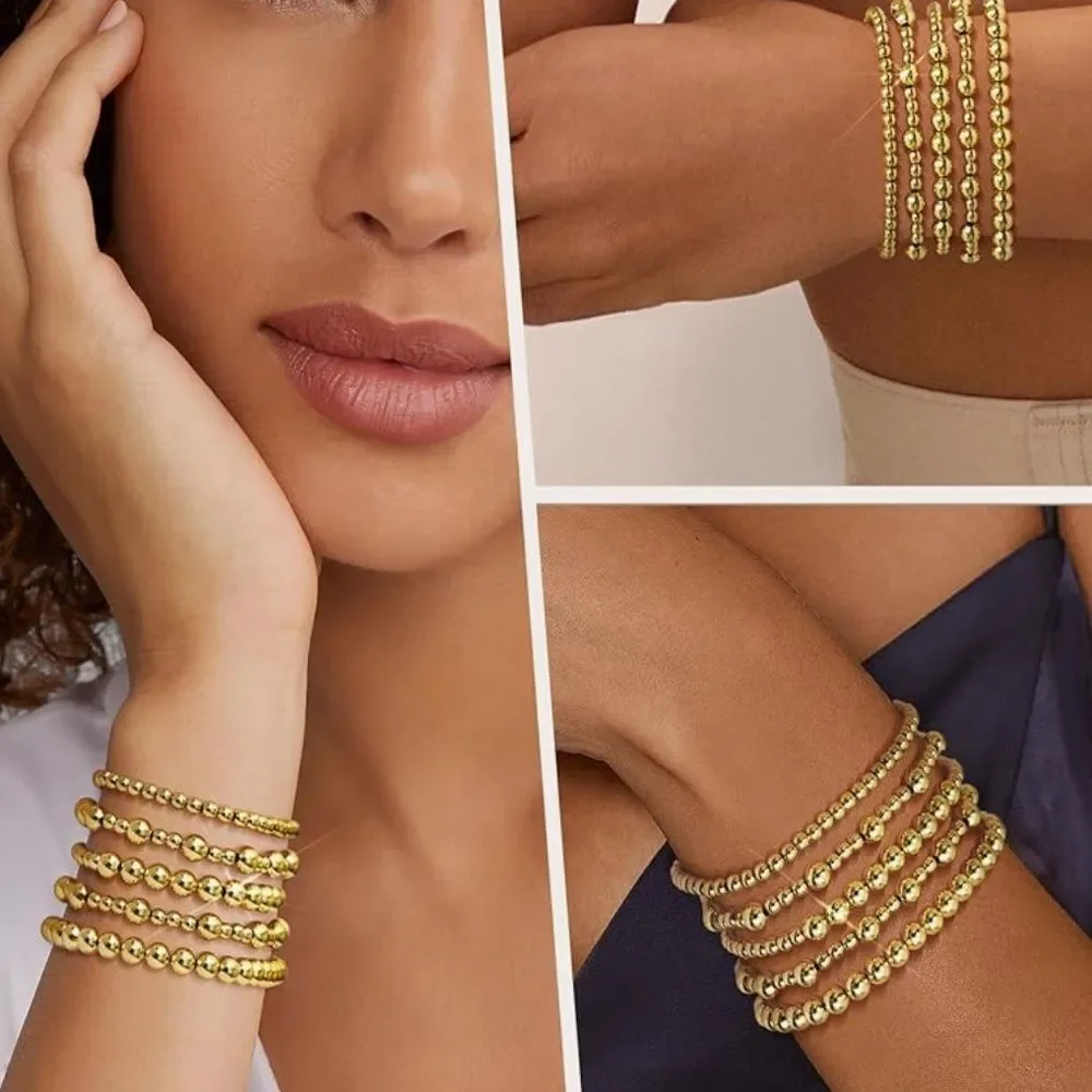 NEW 14K Gold Plated Bracelet Stack Strand Stretch Bead Ball Bracelet Set
